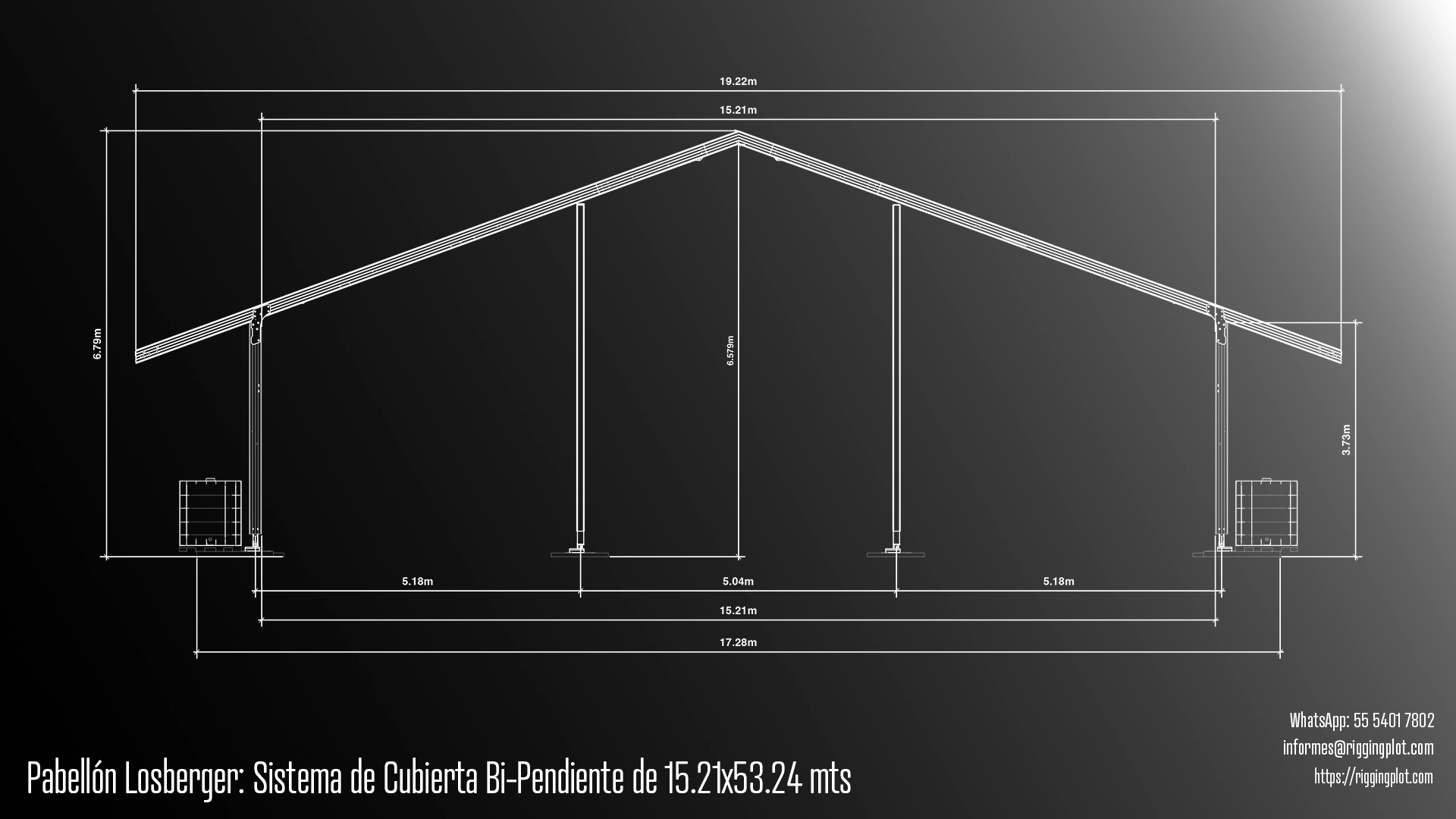 FICHA TÉCNICA CARPA LOSBERGER DE 53.24X19.22MTS CON SISTEMA DE CUBIERTA BI-PENDIENTE EN MÉRIDA