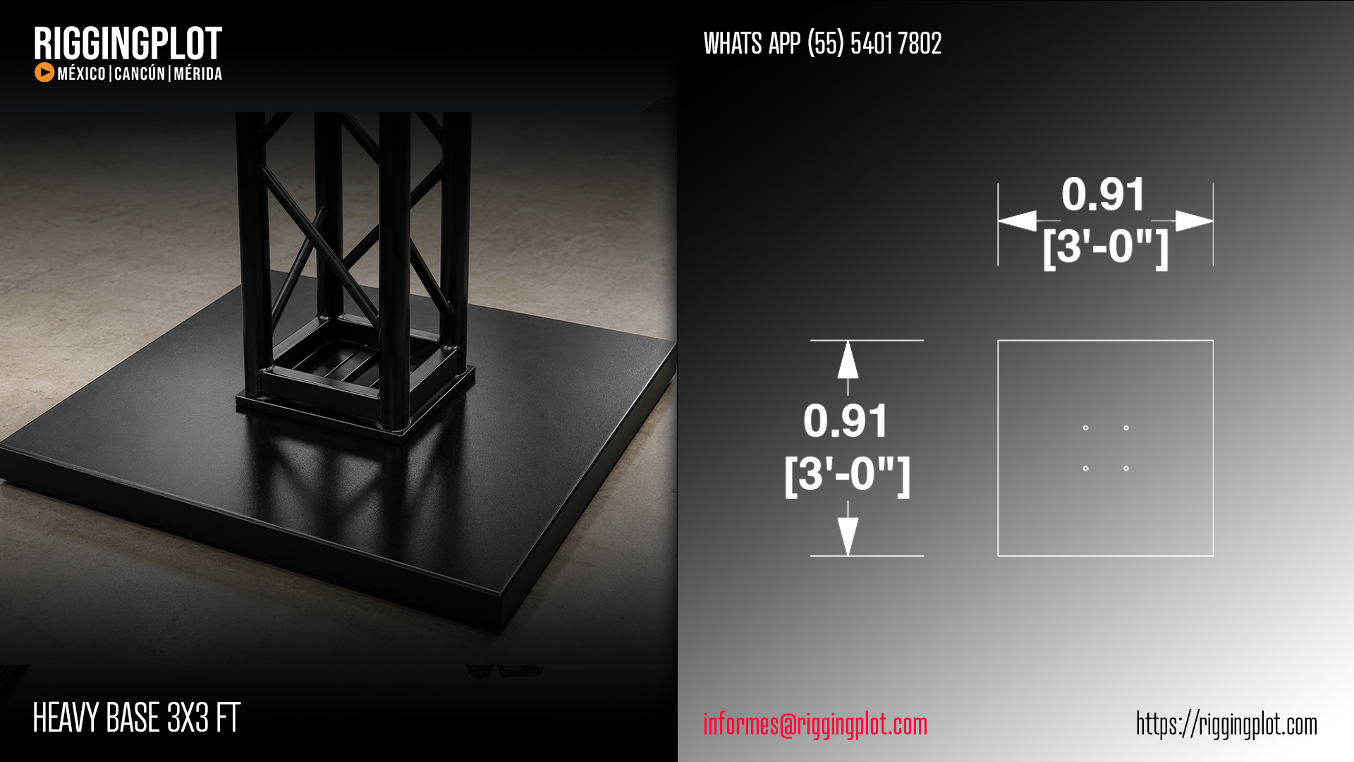 Renta y venta de contrapeso placa base de 0.91 x 0.91 m (3' x 3') para truss que se coloca directamente en la parte inferior de los trusses para armar torres de  o columnas estructurales en hospitalities, stands y escenarios en Mérida