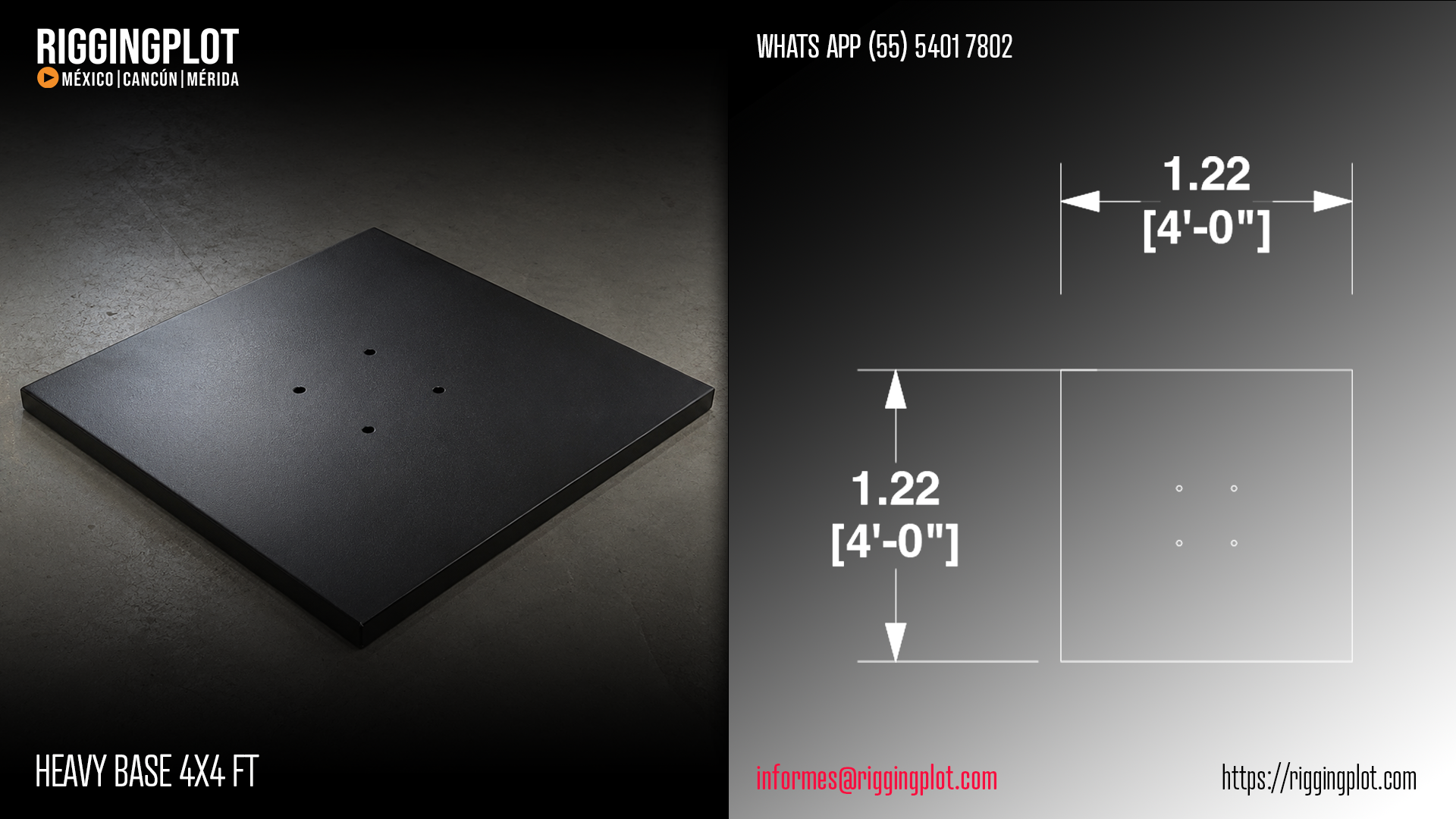 Renta y venta de contrapeso placa base de 1.22 x 1.22 m (4' x 4') para truss que se coloca directamente en la parte inferior de los trusses para armar torres de  o columnas estructurales en hospitalities, stands y escenarios en Mérida