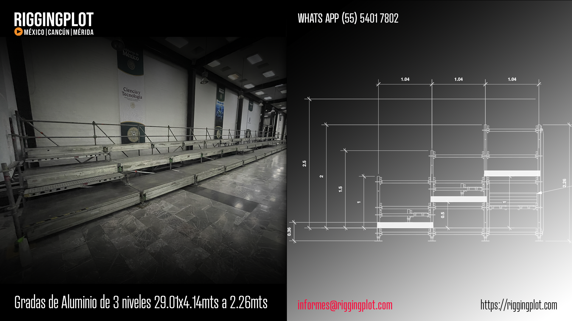 ficha técnica grada de aluminio de 3 niveles de 29.01 metros de frente x 4.14 metros de profundidad x 2.26 metros de altura