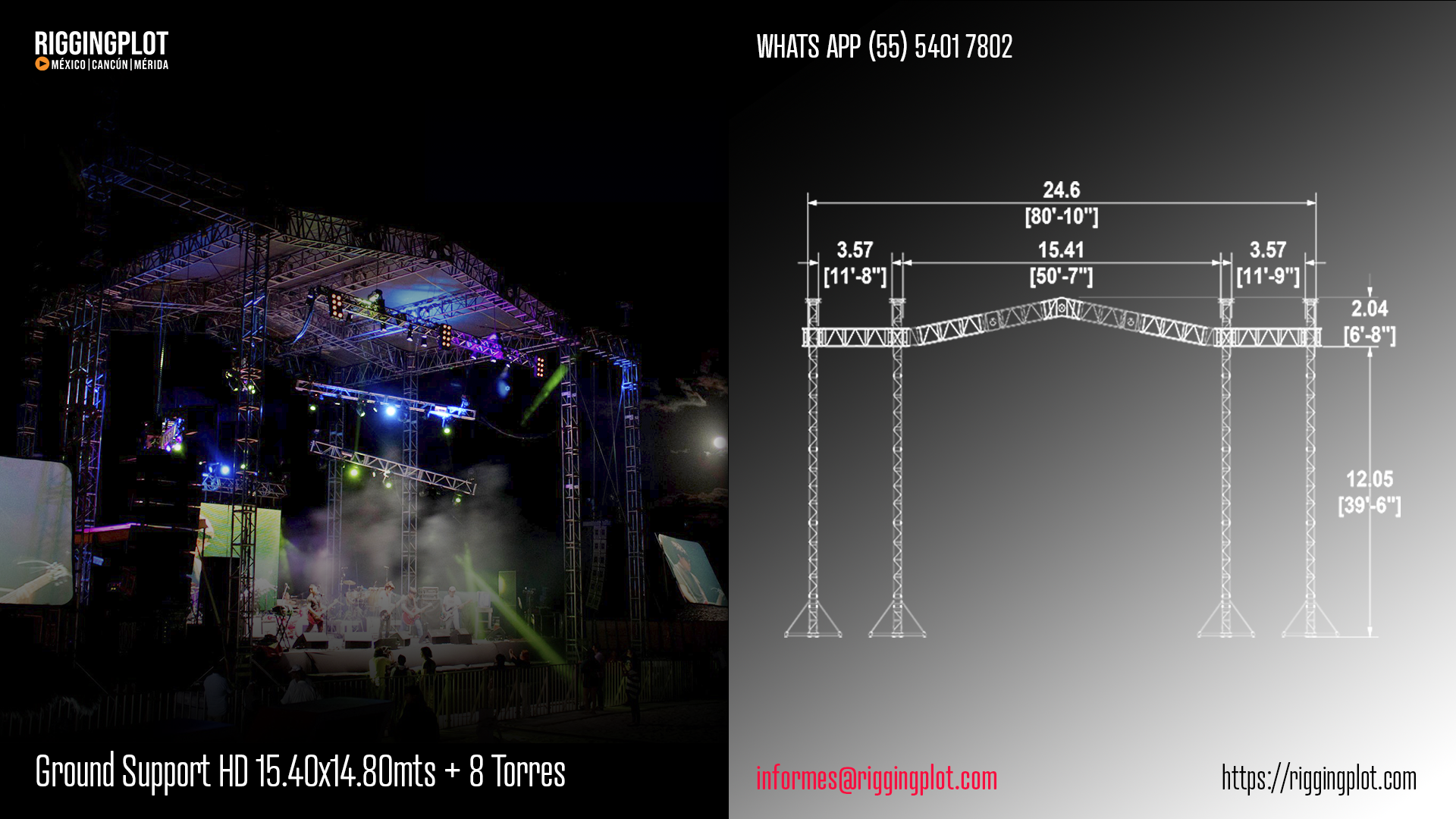 VISTA FRONTAL DE GROUND SUPPORT HEAVY DUTY DE 15.41 X 14.80 MTS EN MÉRIDA CON 14 TORRES DOBLES, ESTRUCTURA PROFESIONAL PARA MONTAJE DE ILUMINACIÓN, AUDIO Y PANTALLAS LED EN EVENTOS MASIVOS