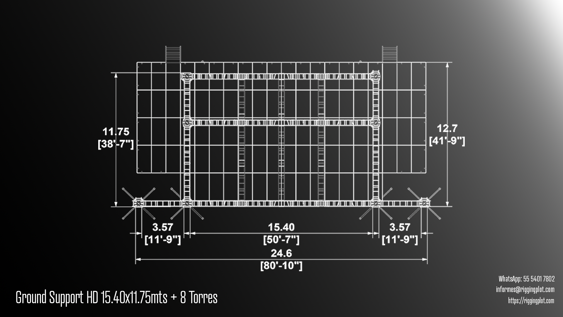 VISTA FRONTAL DE GROUND SUPPORT HEAVY DUTY DE 15.41 X 14.80 MTS EN MÉRIDA CON 14 TORRES DOBLES, ESTRUCTURA PROFESIONAL PARA MONTAJE DE ILUMINACIÓN, AUDIO Y PANTALLAS LED EN EVENTOS MASIVOS
