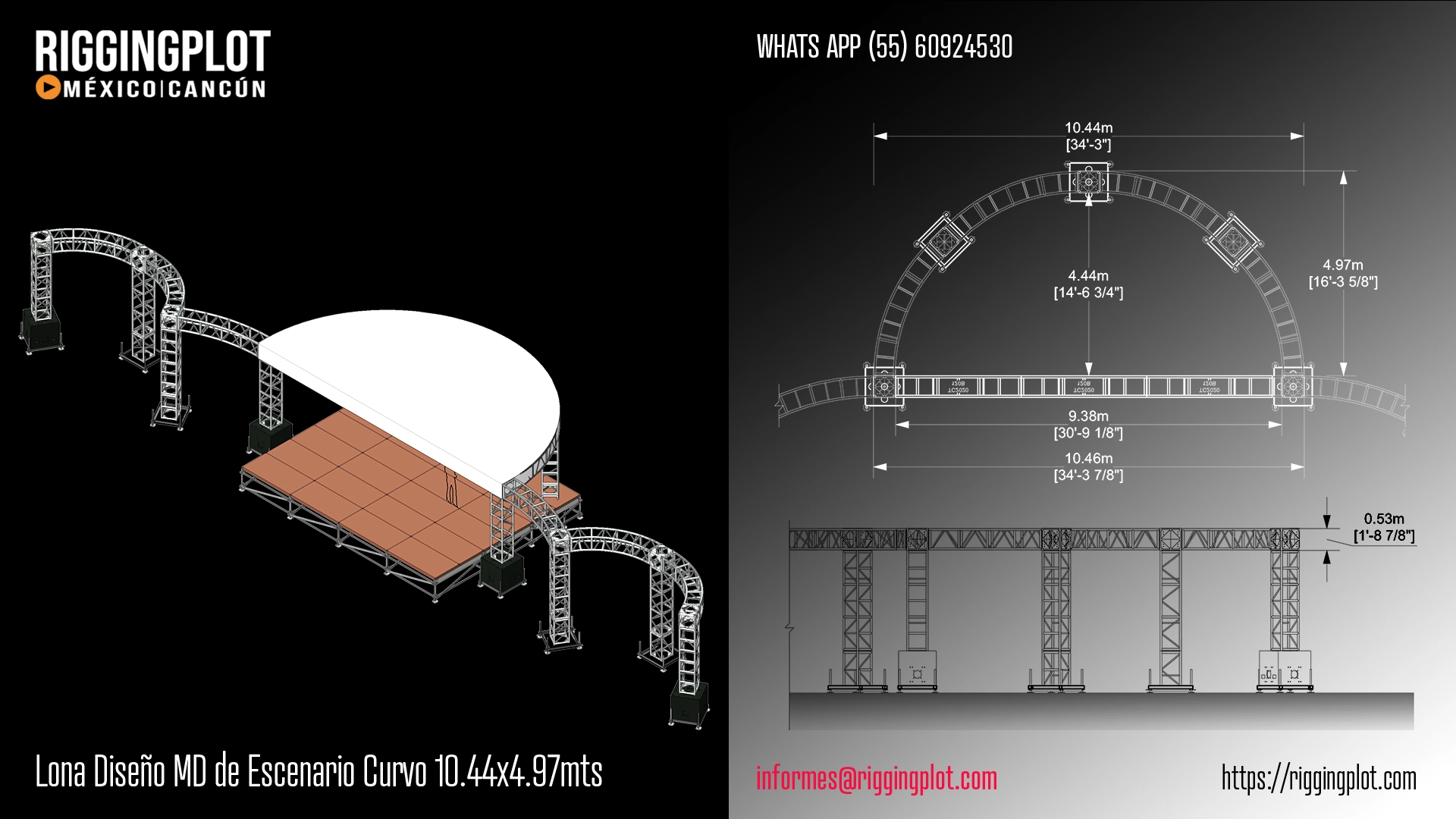 ficha tecnica de lona para diseño md para escenario curvo de 10.44x4.97mts en mexico