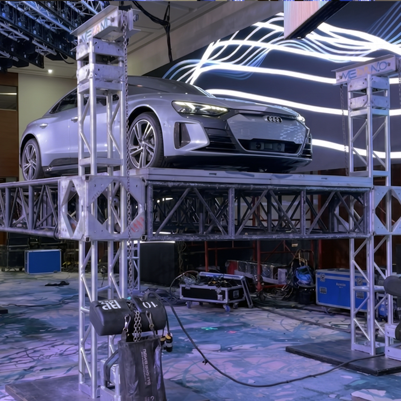 Renta de Estructura de truss en Mérida, Truss MK, Truss MD, Plataforma de elevación en Mérida, Elevador para autos en Mérida, Elevador de carga en Mérida, Sistema de motores para truss en Mérida, Motores de cadena industrial, Motores Lodestar, Montaje de escenarios, rigging ELEVADOR AUTOMOTRIZ CON TRUSS MK-MD DE 6.77x4.20MTS CON 2.95MTS DE ALTURA EN MÉRIDA